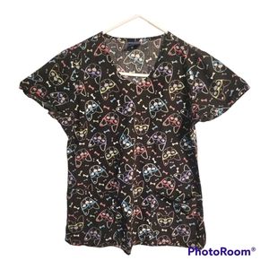 Zoe + Chloe Multicolor Dogs on Black Nurse Vet Scrub Top Women’s Size S